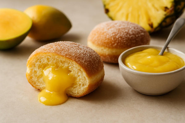 Filled doughnut cut open to show pineapple curd