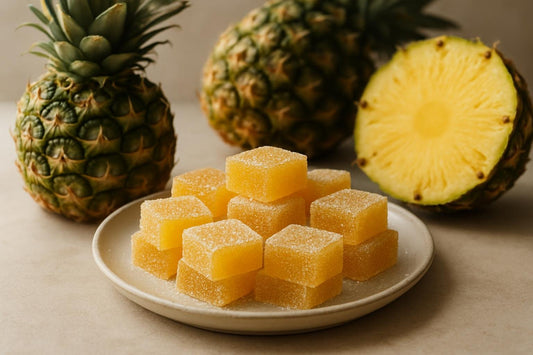 Squares of pineapple fruit jellies rolled in sugar