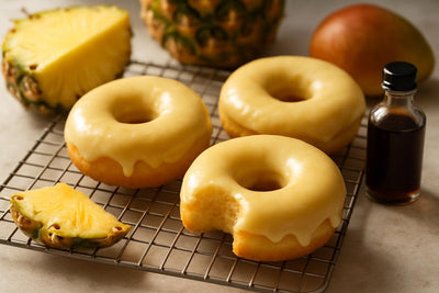 Doughnuts finished with pineapple glaze on a cooling rack