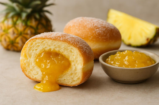 Filled doughnut cut open to show pineapple jam filling