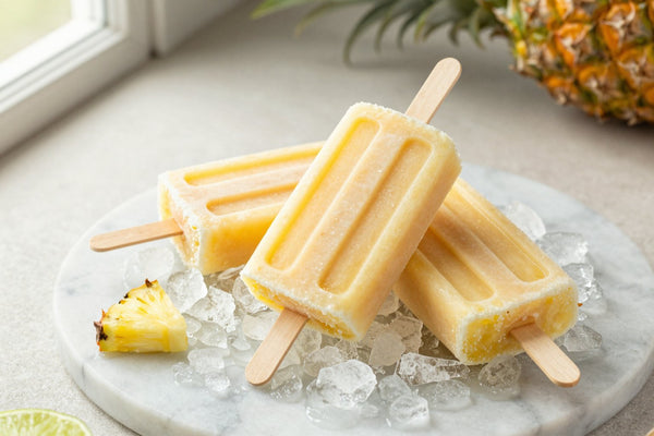 Three pineapple popsicles on a bed of crushed ice on a light marble surface, one with a bite taken out