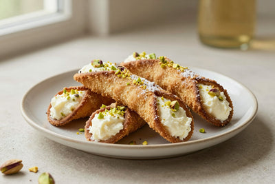 Pistachio cannoli on a plate, crisp shells with the creamy filling piped out of both ends