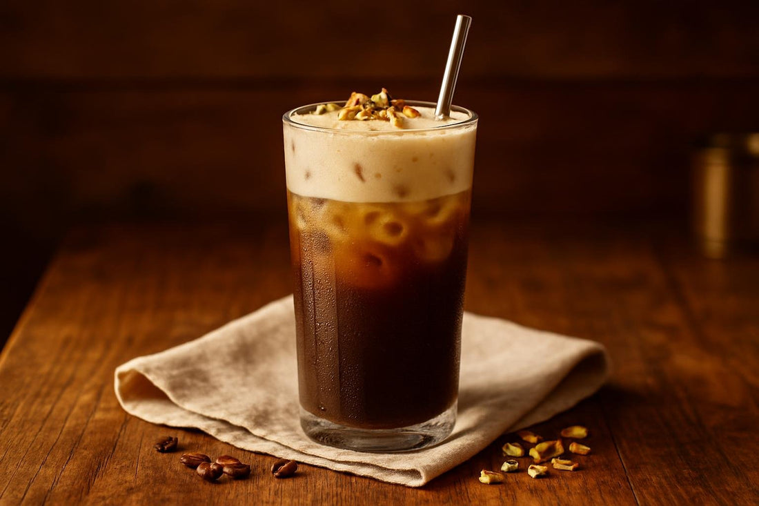 Pistachio Cold Brew in a glass on an oak table