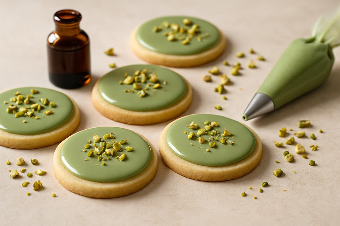 Sugar cookies decorated with pistachio cookie icing