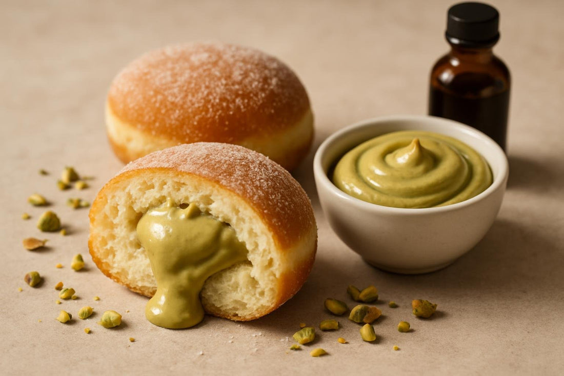 Filled doughnut cut open to show pistachio cream filling