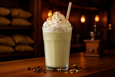Pistachio Crème Frappé in a glass on an oak bar