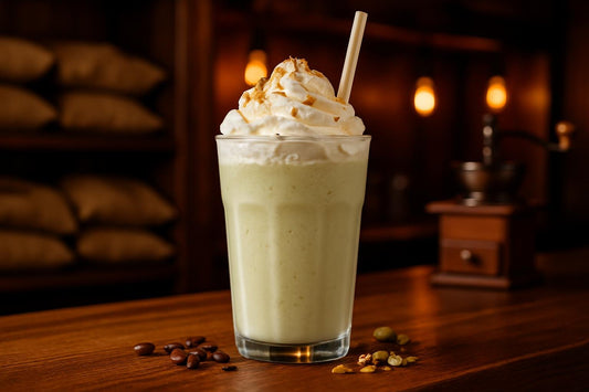 Pistachio Crème Frappé in a glass on an oak bar
