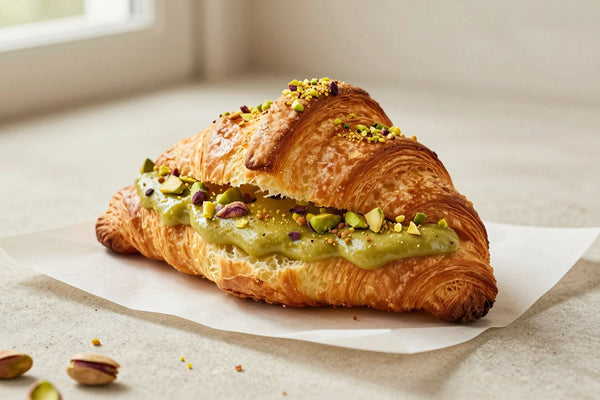 Golden, flaky pistachio croissants on parchment, one torn open to show the honeycomb layers
