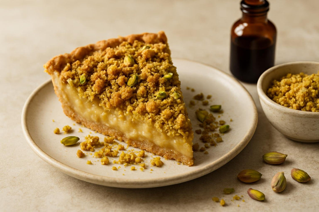 Slice of pie with pistachio crumble
