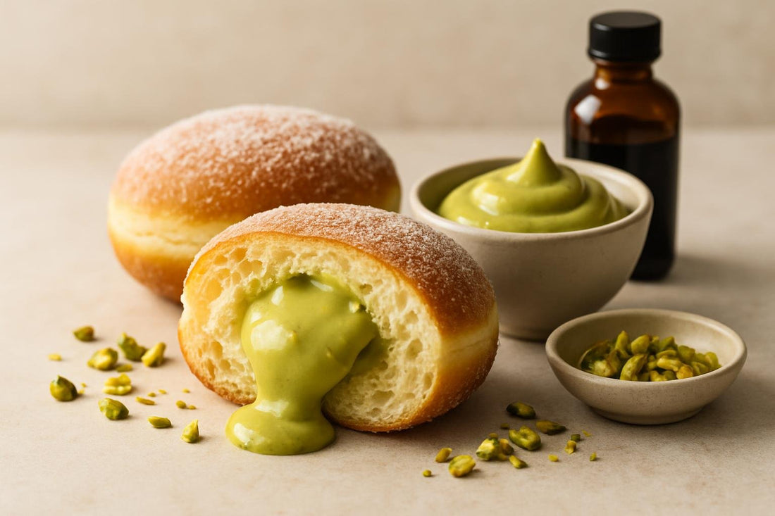 Filled doughnut cut open to show pistachio custard