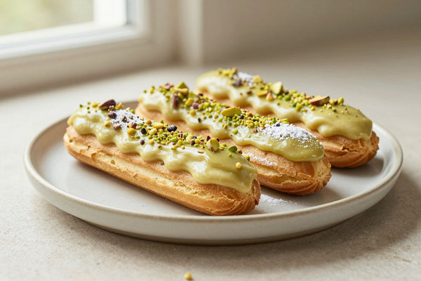 A row of pistachio éclairs on a plate, glossy topping, one cut to show the creamy filling