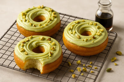 Doughnuts finished with pistachio frosting on a cooling rack