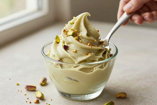 A generous swirl of pistachio gelato in a small glass cup with a flat gelato spade