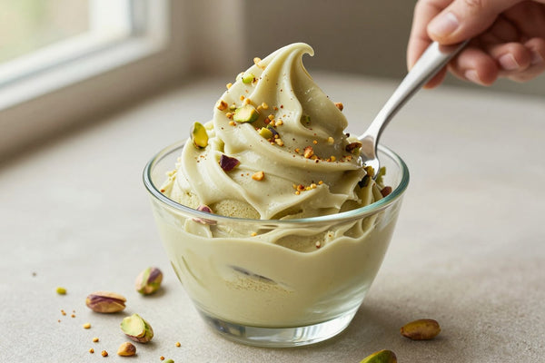 A generous swirl of pistachio gelato in a small glass cup with a flat gelato spade