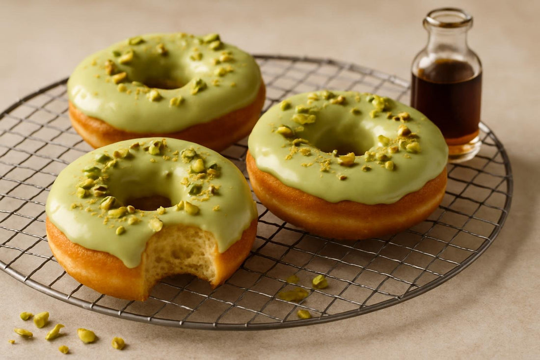 Doughnuts finished with pistachio glaze on a cooling rack