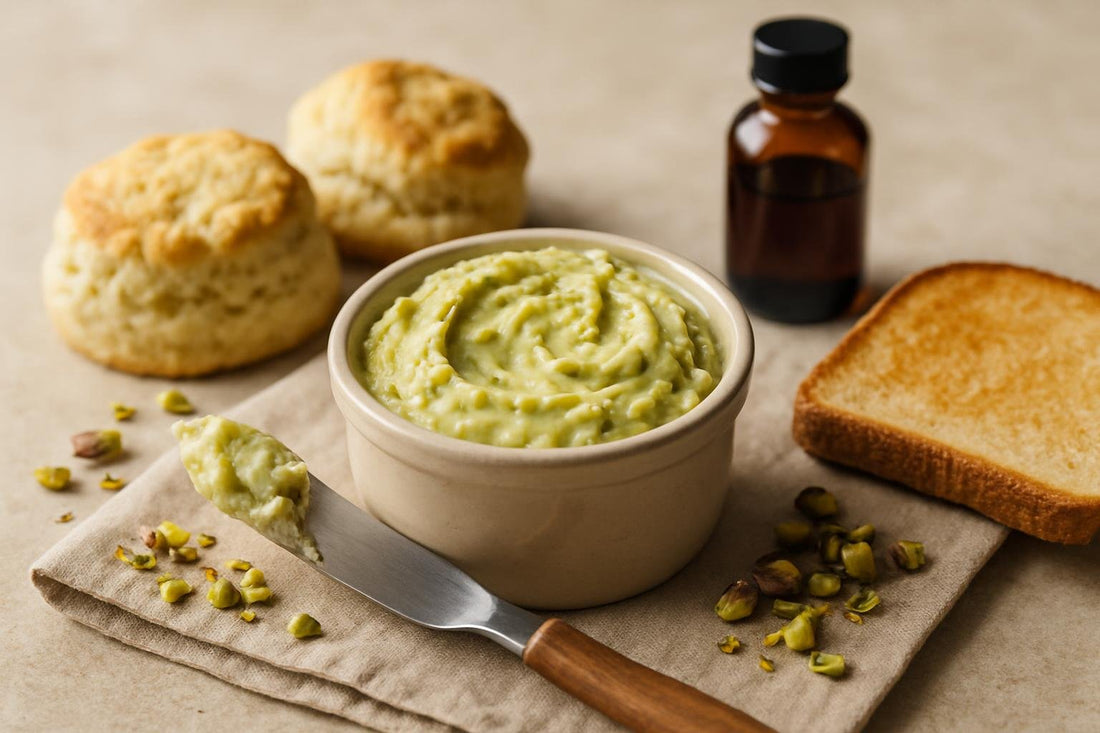 Pistachio Honey Butter in a crock with warm biscuits