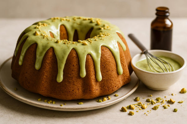 Bundt cake drizzled with pistachio icing
