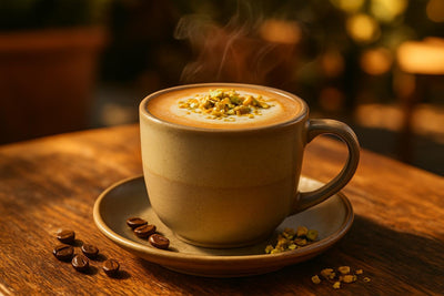 Pistachio Latte in a ceramic mug on an oak patio table