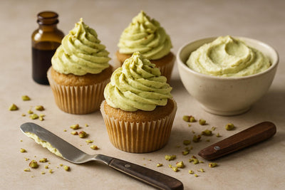 Cupcakes piped with pistachio mascarpone frosting