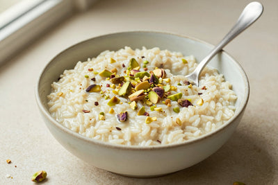 Creamy pistachio rice pudding in a small ceramic bowl with a spoon, garnished as in the recipe