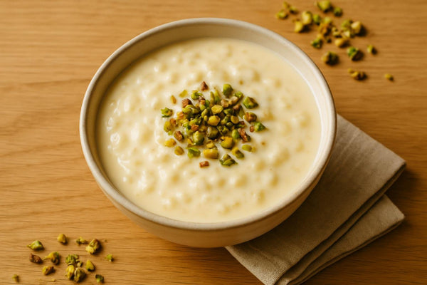 Pistachio Rice Pudding served on an oak table