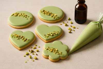 Sugar cookies decorated with pistachio royal icing