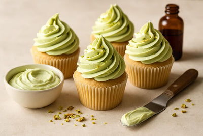 Cupcakes piped with pistachio Swiss meringue buttercream frosting