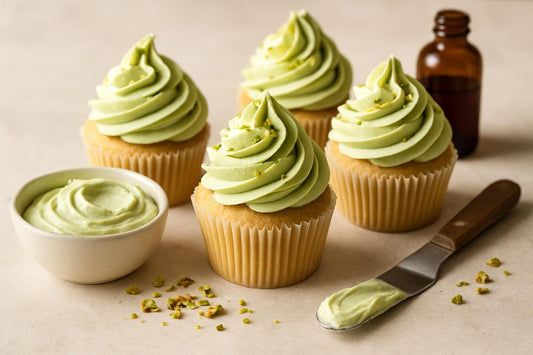Cupcakes piped with pistachio Swiss meringue buttercream frosting