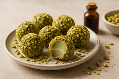 Pistachio Truffles on a plate, one bitten