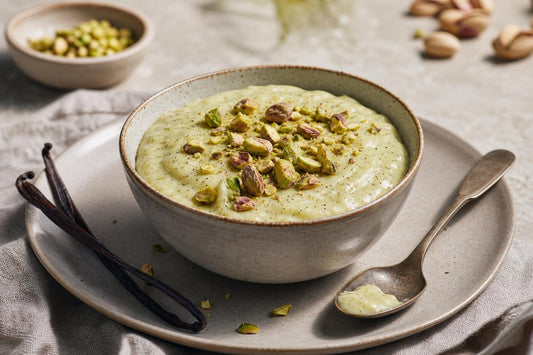 Pistachio vanilla pudding made with Ugandan vanilla