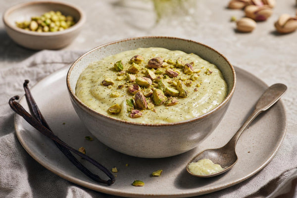 Pistachio vanilla pudding made with Ugandan vanilla