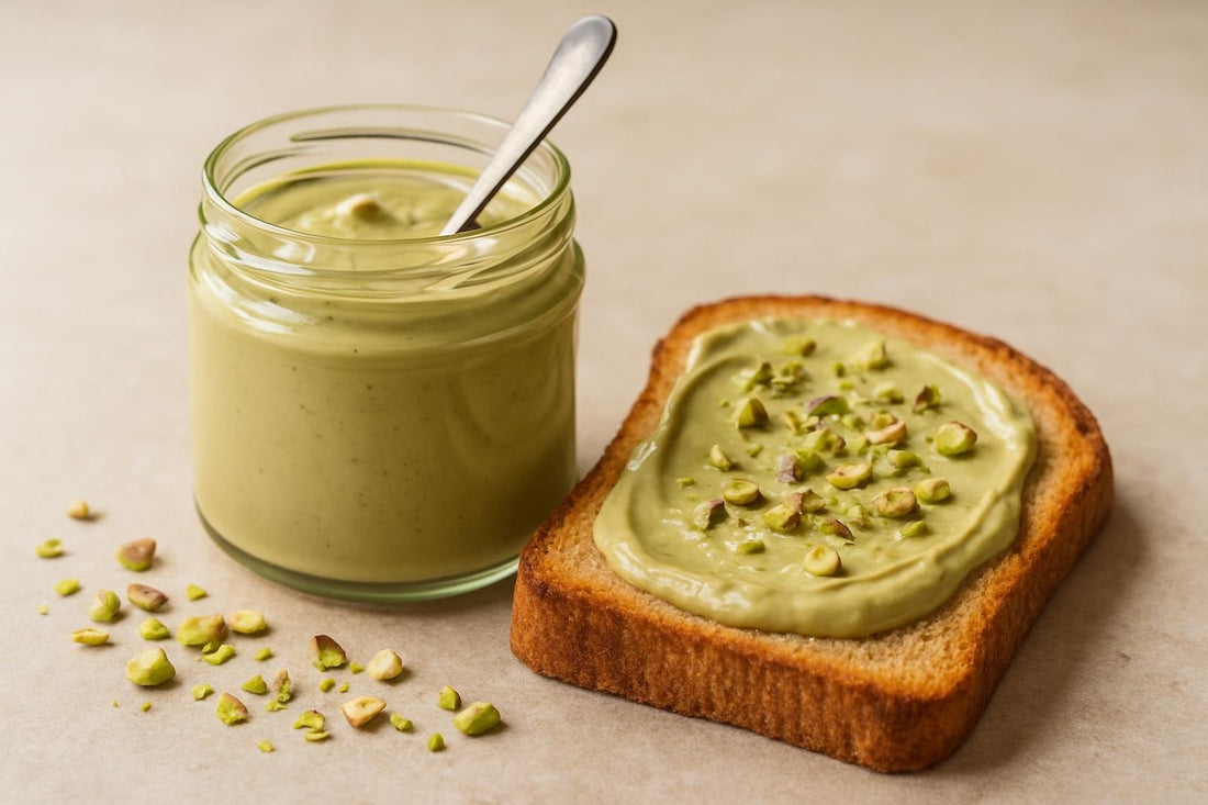 Jar of pistachio white chocolate spread with toast