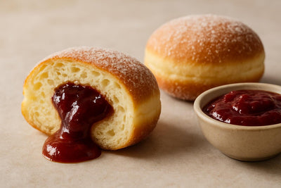 Filled doughnut cut open to show plum jam filling