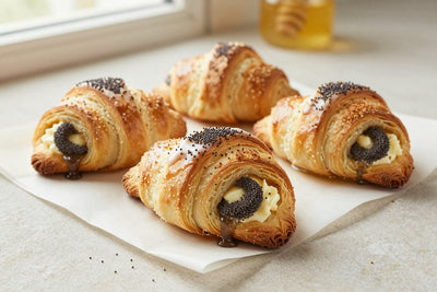 Crescent-shaped poppy seed rugelach on parchment, the filling spiraled inside