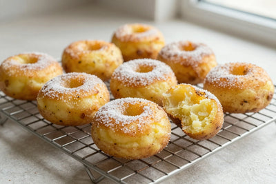 Fresh potato doughnuts on a wire cooling rack, one broken open to show the tender inside