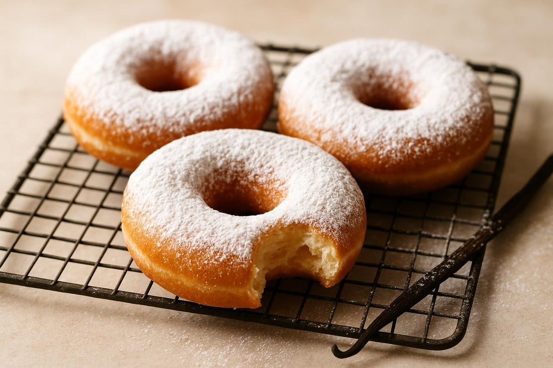 Doughnuts finished with powdered sugar dusting on a cooling rack