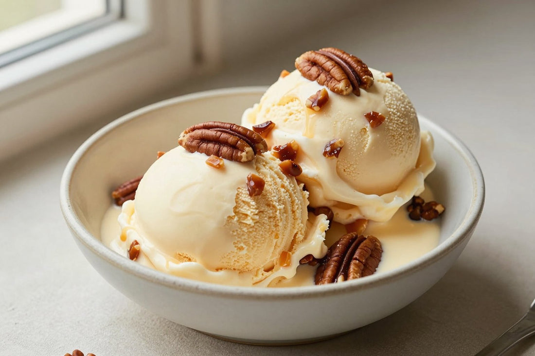 Two generous scoops of praline ice cream in a shallow ceramic bowl, softly melting at the edges