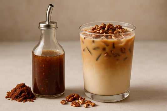 A small glass bottle of praline syrup with a pour spout, beside an iced latte sweetened with it