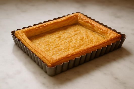 A baked, empty puff pastry tart in a fluted tart pan on a marble counter, golden and crisp