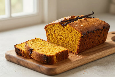 A loaf of pumpkin bread on a wooden board, two thick slices cut to show the moist crumb