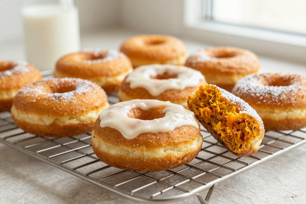 Fresh pumpkin cake doughnuts on a wire cooling rack, one broken open to show the tender inside