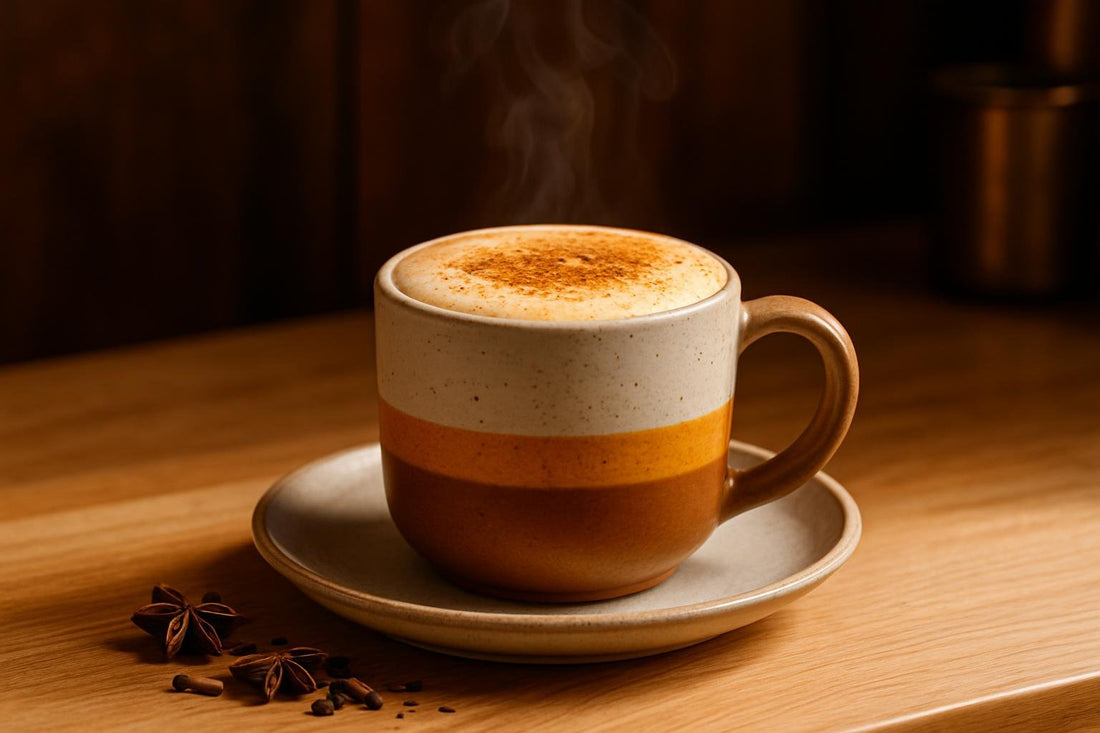Pumpkin Chai Latte in a ceramic mug on an oak kitchen island