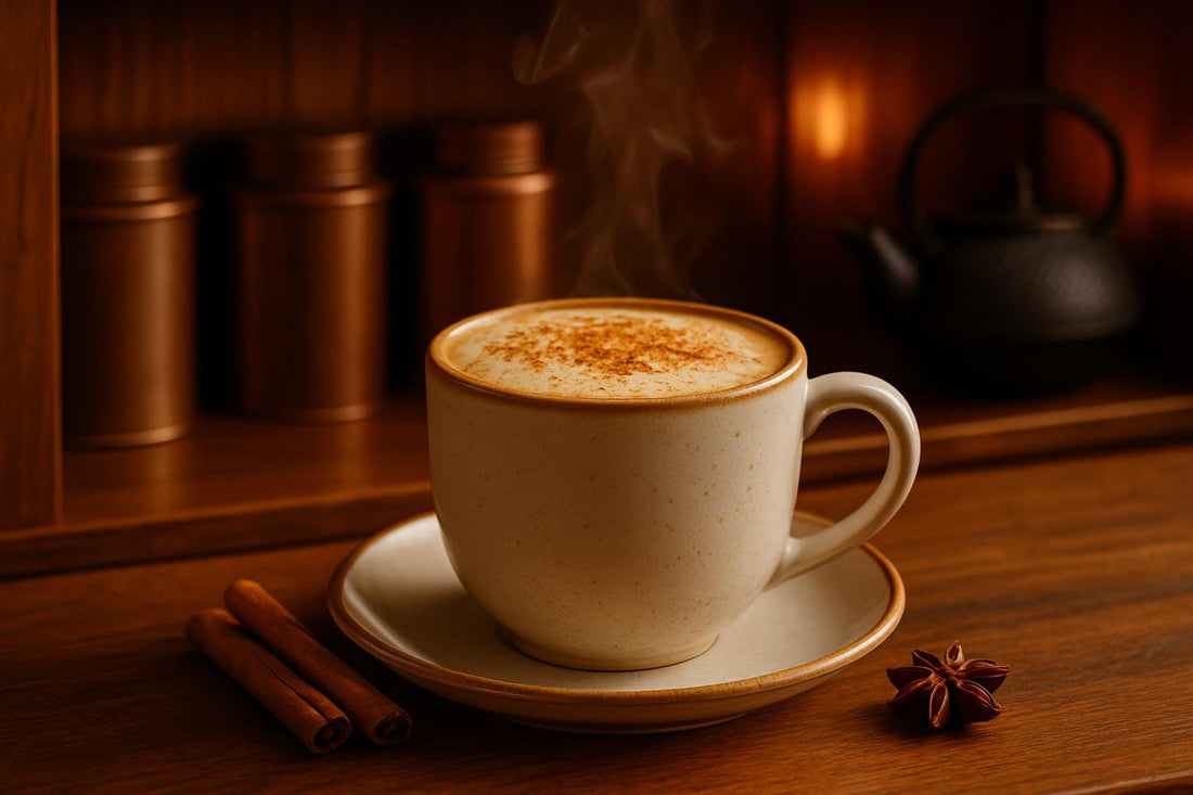 Pumpkin Chai in a ceramic mug on an oak bar
