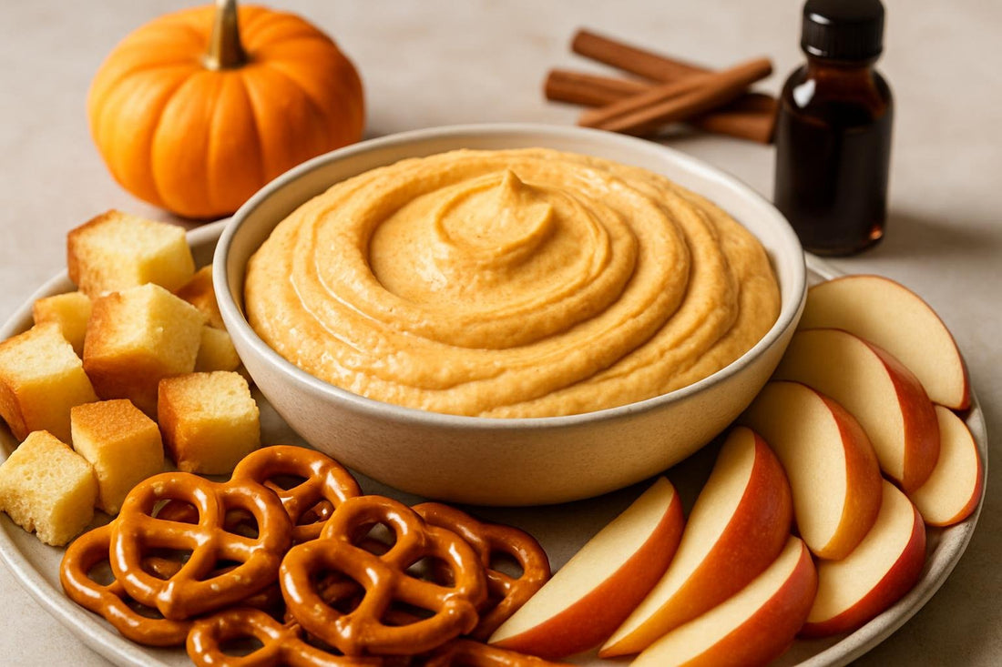 Bowl of pumpkin cheesecake dip with brioche, pretzels and fruit
