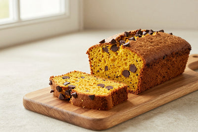 A loaf of pumpkin chocolate chip bread on a wooden board, two thick slices cut to show the moist crumb