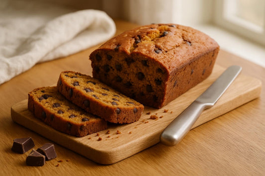 Pumpkin Chocolate Chip Bread loaf with sliced pieces on an oak board