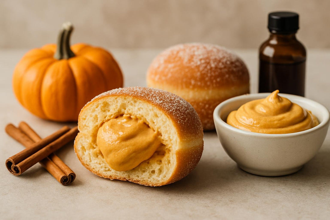 Filled doughnut cut open to show pumpkin cream cheese filling