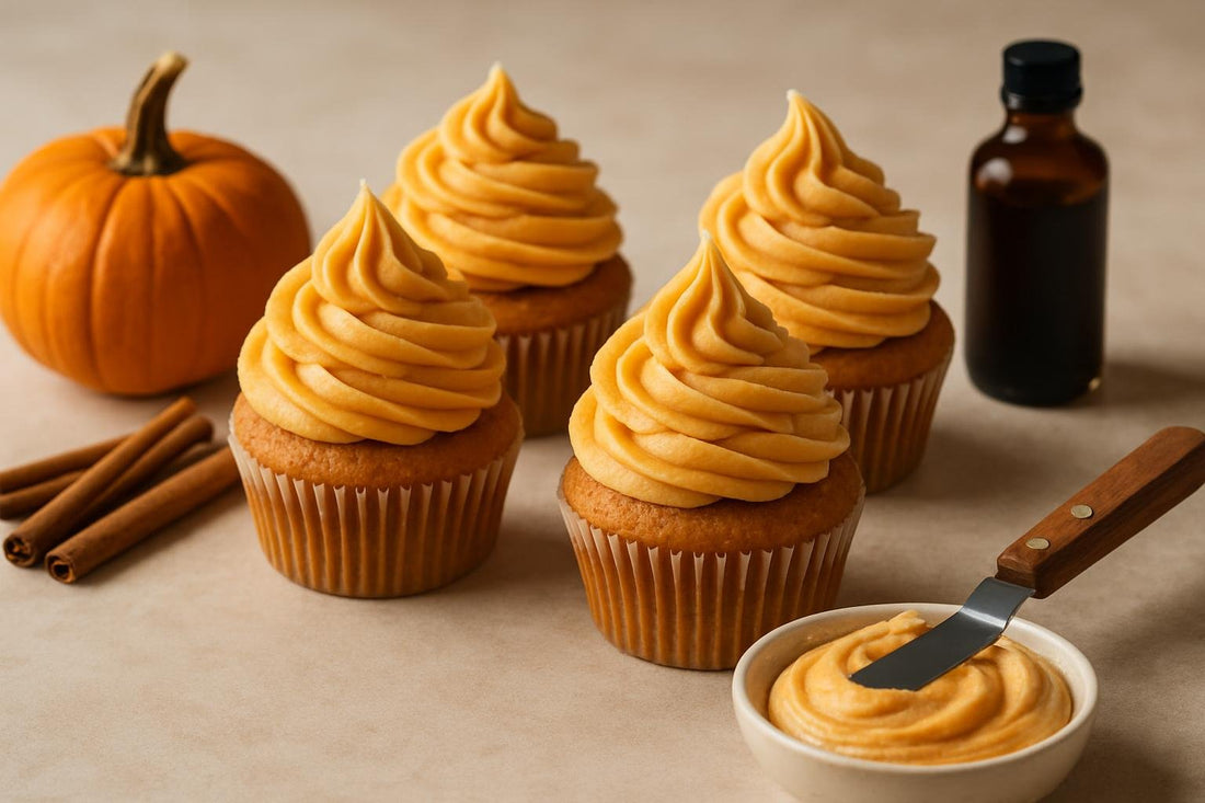 Cupcakes piped with pumpkin cream cheese frosting