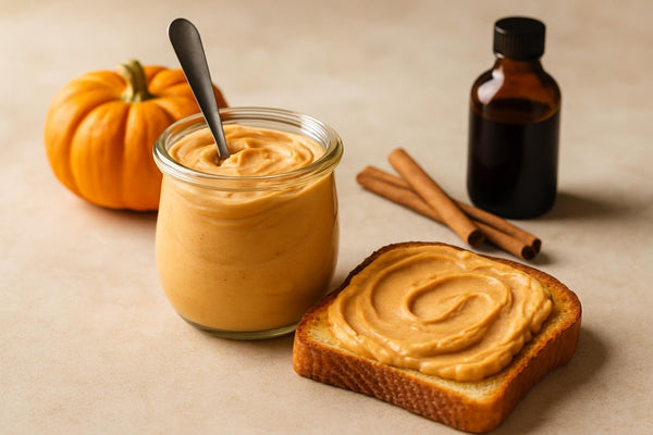 Jar of pumpkin cream cheese spread with toast