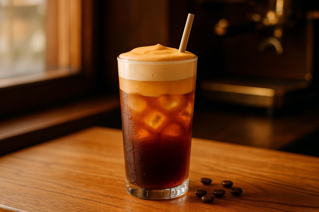 Pumpkin Cream Cold Brew in a glass on an oak café counter
